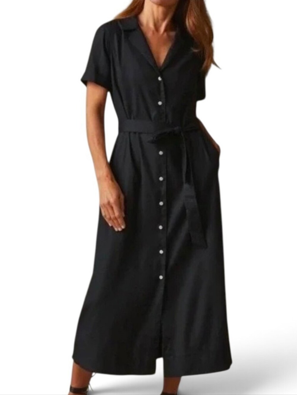 AMERICAN GIANT Black Linen Blend Belted Button Down Dress - Medium